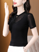 黑色网纱短袖t恤女夏季镂空烫钻时尚，蕾丝上衣修身洋气小衫潮