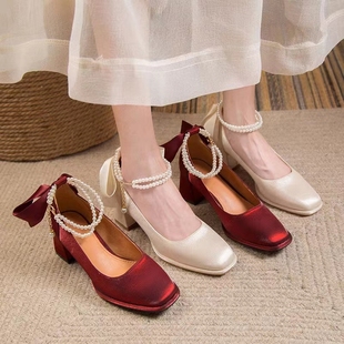 法式粗跟单鞋女伴娘日常可穿白色中跟婚鞋新娘高跟鞋主婚纱不累脚