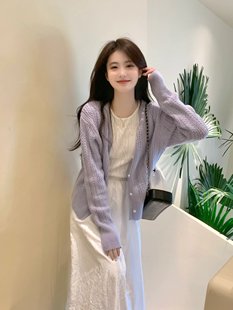 紫色镂空毛衣外套女2024春夏韩版温柔风气质马海毛针织衫上衣