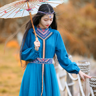 两人故事复古民族风女装中国风中长款女装连衣裙2023年秋季QZ1141