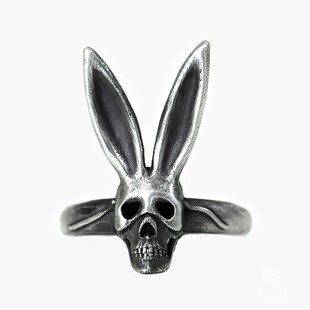 白木黑冰原创手工银饰兔女郎戒指，女925银骷髅戒指银个性兔子戒指