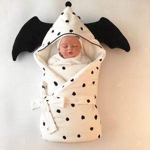 初生婴儿包巾黑色波点新生儿，纯棉包被秋冬款可拆卸襁褓巾抱被加厚