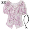 小众设计感V领网纱蕾丝衫短袖修身显瘦短款木耳边提花紫色上衣夏
