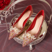 中式红色婚鞋主婚纱新娘鞋，2024年春夏3cm低跟高跟鞋女水晶鞋