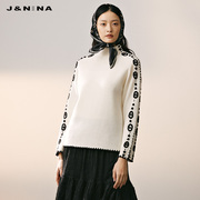 商场同款jnina2023秋冬季半高领，撞色刺绣羊毛羊绒衫女