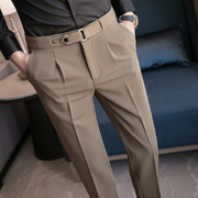 咖啡色裤子男显高九分小脚英式西装裤秋季发型师正装腰带双褶西裤