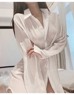 性感纯欲透视白衬衫睡衣女，透明宽松中长款寸情调雪纺衬衣裙薄