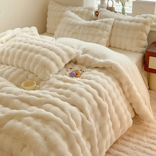 冬季兔绒加绒加厚床上四件套公主风双面绒毛绒牛奶珊瑚绒床单被套
