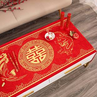 中式婚礼婚房喜字茶几，布防水(布防水)棉麻，喜庆大红色桌布防尘盖布电视柜布