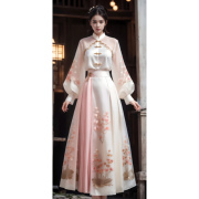 新中式国风粉色长袖连衣裙，女秋季高级感气质，裙子茶系穿搭一整套装