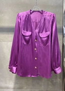 真丝衬衫单排扣长袖衬衣休闲纯色紫色时尚美