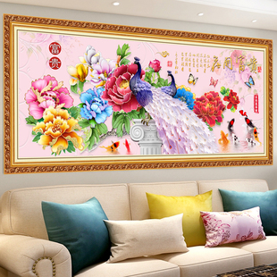 花开富贵孔雀图轻奢，新中式牡丹花客厅，装饰画自粘壁画挂画墙纸贴画
