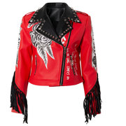中国风女歌手朋克摇滚机车皮衣秋冬拉链印花红色短款修身夹克外套