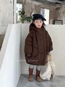 韩版冬季女童复古夹棉毛毛工装棉服宝宝连帽中长款派克服棉袄