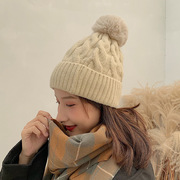 帽子女秋冬季韩版ins网红纯色麻花毛线帽加绒保暖针织帽护耳