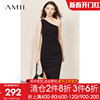 Amii2023春装优雅摩登斜肩领修身开叉连衣裙女显瘦裙子小黑裙