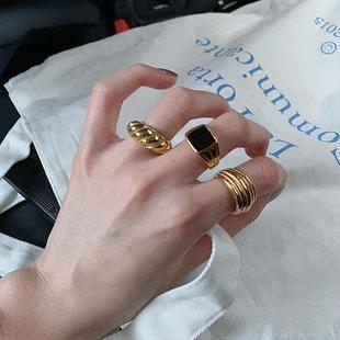 欧美个性金色光面螺纹戒指女韩版牛角包时尚冷淡风开口食戒指