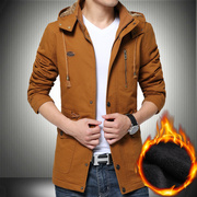 男装秋冬季加绒加厚夹克，土黄带帽，商务5xl大码中长款保暖棉服外套