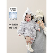 婴儿冬装衣服90白鸭绒(白鸭绒，)羽绒服宝宝冬装，可爱保暖连体衣甜美加厚爬服