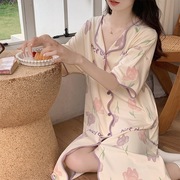 2023款睡衣女夏棉质(夏棉质，)中长款开衫睡裙韩版可爱卡通甜美连衣裙家居服