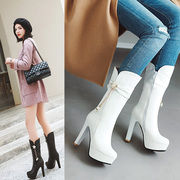 2021韩版高跟马丁靴，女单靴白色粗跟中筒靴，秋冬季加绒骑士靴