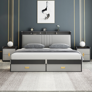 床现代简约主卧1.8米双人，储物床北欧1.5m高箱床收纳板式床经济型