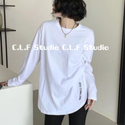 CLF韩版通勤白色长袖T恤女基础款打底纯色下摆字母开叉个性上衣潮