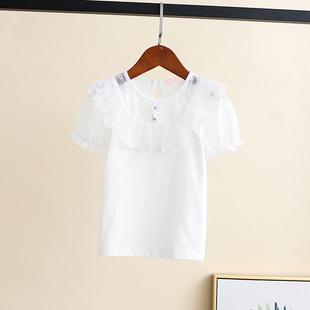 韩版童装夏女童(夏女童)纯棉，蕾丝镂空短袖t恤儿童，薄款白色打底衫半袖体袖