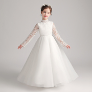 女童晚礼服公主裙白色长袖，小女孩花童婚礼，儿童钢琴演出服表演秋冬