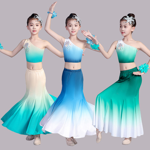 儿童傣族舞蹈演出服装女童孔雀舞表演服艺考渐变修身鱼尾长裙