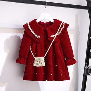女童红色翻领珠珠，加绒连衣裙2023冬装儿童洋气，公主裙宝宝年服