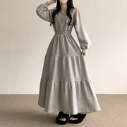 韩国chic秋冬收腰显瘦灯笼袖，过膝长款卫衣连衣裙，女加绒宽松公主裙