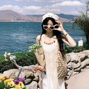 2024镂空流苏罩衫串珠吊带连衣裙，女夏季海边度假风叠穿两件套
