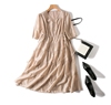 仙美气质香槟色系带收腰茶歇裙小v领设计显瘦长款多层拼接连衣裙