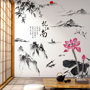 中国风墙面装饰品卧室背景墙面墙，贴纸墙画室内山水风景画壁画自粘