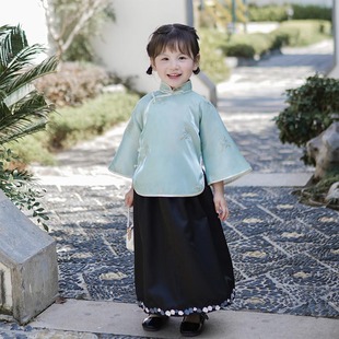 童装中式立领复古民国风学生装，日常可穿女童宝宝倒大袖盘扣短上衣