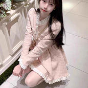 名媛风高级感气质粉色裙2024年春装公主蕾丝拼接长袖连衣裙女