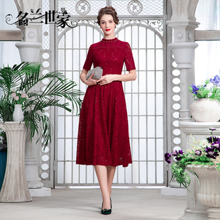 名兰世家原创设计蕾丝，连衣裙春短袖妈妈礼服，喜服婚宴红色长裙
