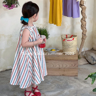 韩国童装女童连衣裙条纹，无袖背心裙夏季宝宝长裙，棉布裙沙滩裙
