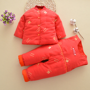 儿童棉衣婴儿红色手工棉花棉衣1套装2-3岁男女童棉袄背带裤两件套