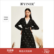 yiner音儿专选女装，秋季时尚v领假两件长袖印花连衣裙配腰带