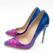 欧美紫色渐变色拼色铆钉，细跟高跟鞋尖头小码单鞋，婚鞋大码12cm