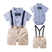 夏季童装宝宝帅气套装男0-1-3岁婴儿衣服背带裤，百天周岁礼满月服