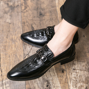 新韩版皮鞋男士尖头潮流休闲鞋，男时尚鳄鱼纹套脚商务正装内增高黑