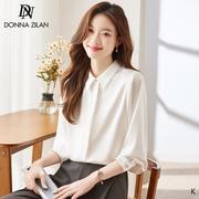 2024春季韩版女士气质显瘦通勤白色雪纺缎面衬衫，女衬衣上衣潮