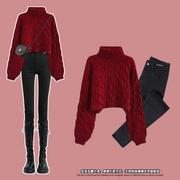 红色短款高领毛衣女(毛衣女)秋冬法式气质麻花，加厚加绒保暖针织打底衫