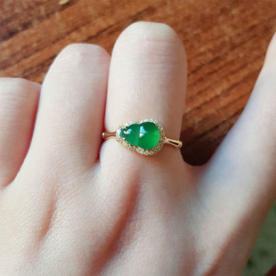 缅甸A货翡翠冰种阳绿葫芦镶嵌18k金翡翠戒指金镶玉指环手饰
