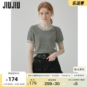 JIUJIU短袖条纹针织衫女2024夏季小众设计感复古短款针织上衣