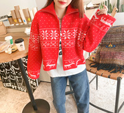 兔美善韩国女装23冬新 立领拉链针织雪花提花短款毛衣外套