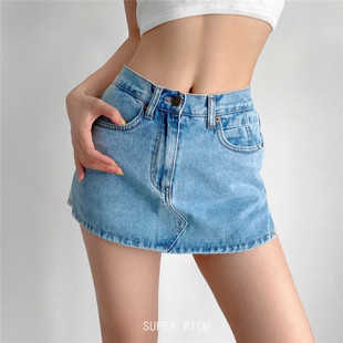 SUP辣妹牛仔裙裤女夏时尚弹力短裤遮肉显瘦假两件半身裙高腰设计